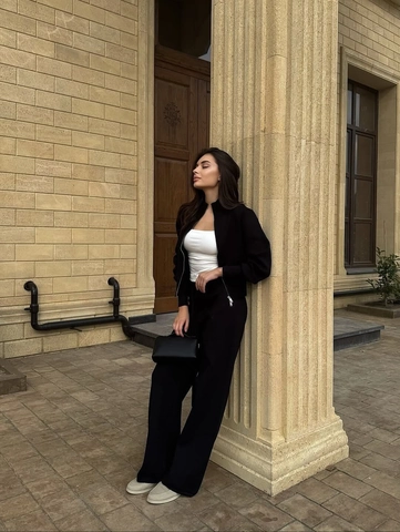 Women Pure Cotton Loungewear Zip Up Long Sleeve Jacket And Drawstring Straight Leg Sweatpants Solid Color Casual Style