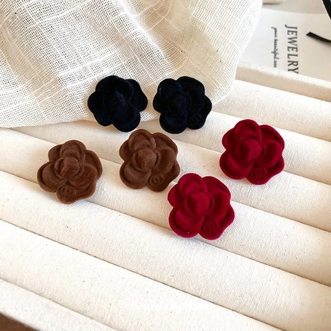 Camellia Flower Stud Earrings With Flocked Velvet Texture And Silver Earring Post Retro Vintage Elegant Winter Style