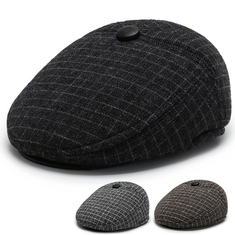 Coppola Uomo Inverno Quadri Lana Cotone Calda Protezione Orecchie Retro Britannico Cappello Piatto