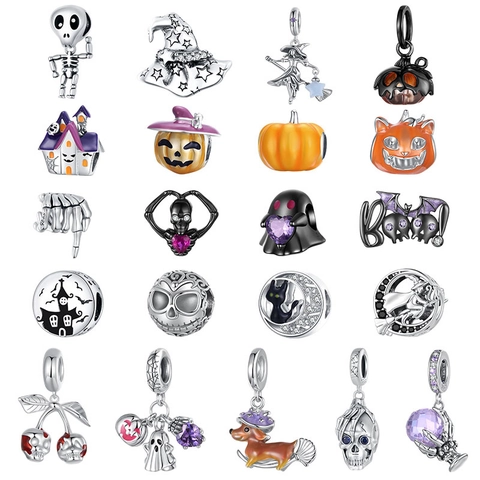 Halloween Charms 925 Sterling Silver Pumpkin Skull Ghost Witch DIY Beads Enamel Dark Gothic Jewelry Accessories For Women