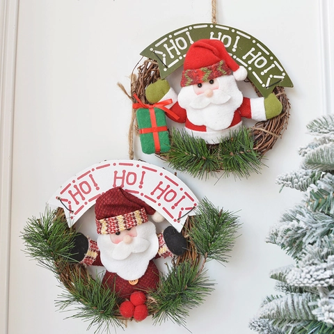 Ghirlanda Di Natale Babbo Natale Rattan Vite Aghi Di Pino Appendiporta Ornamento Da Parete Festivo Con Scritta Ho Ho Ho