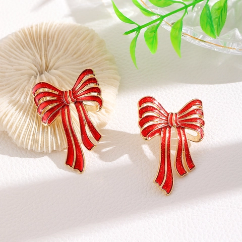 Festive Christmas Red Bow Knot Stud Earrings For Women Alloy Gold Plated Enamel Bowknot Rhinestone Artificial Pearl Earrings Party Jewelry