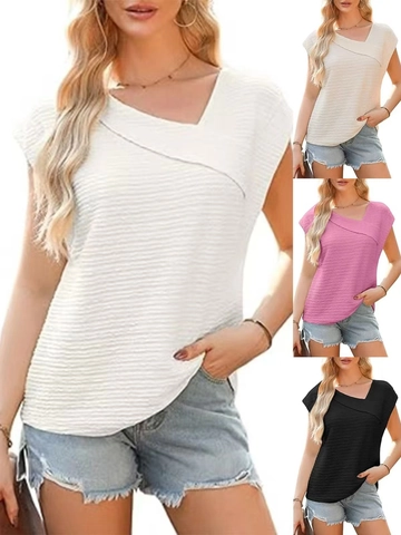 Camiseta Casual de Cuello Asimétrico Color Sólido Manga Corta para Mujer Verano Holgado Plisado Poliéster Top