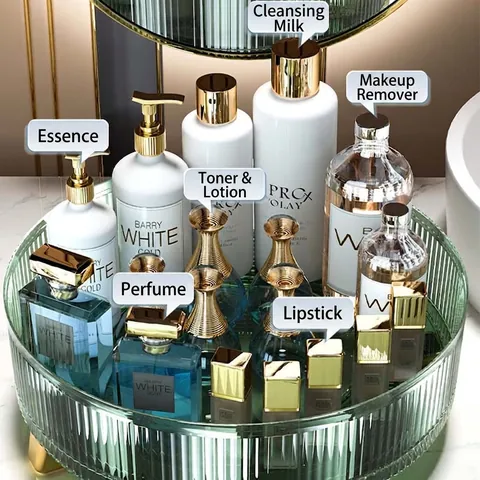 Bandeja Organizadora De Maquillaje Rotatoria PET Rayas Verticales Almacenamiento Cosmético Con Pies De Metal Lujo Moderno