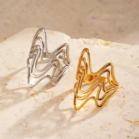 Anillo De Línea De Onda Hueca Irregular Chapado En Oro De 18K Acero Inoxidable Anillo Abierto Ajustable Joyería Para Mujeres