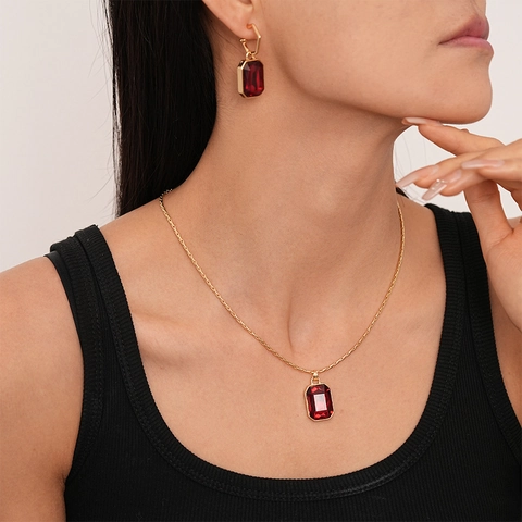 Vintage Rode Rechthoekige Strass Ketting En Oorbellen Voor Dames Legering Sieraden Met Zilveren Oorstekers Geometrisch