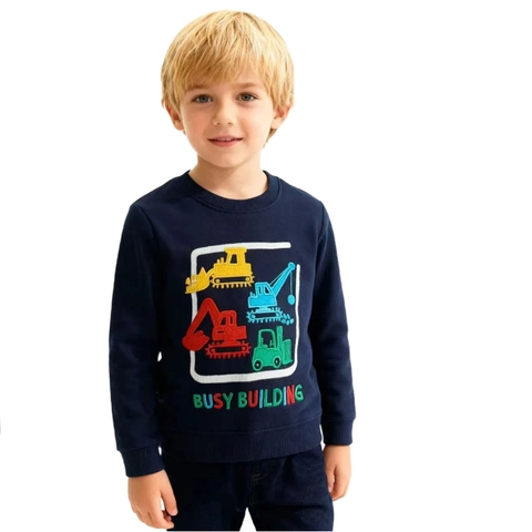 Kids Long Sleeve Sweatshirt Combed Cotton Embroidery Construction Vehicle Excavator Pullover Toddler Autumn Winter Top