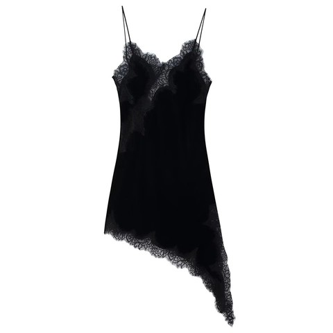 Mini Robe À Bretelles En Velours Noir Avec Dentelle Cils Ourlet Asymétrique Col En V Sans Manches Élégante