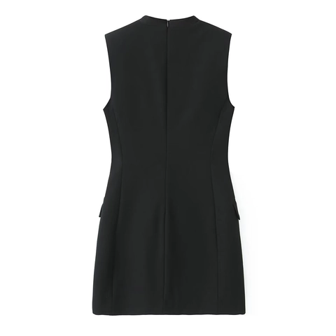 Ärmelloses Blazer Mini Kleid Damen Polyester Spandex V-Ausschnitt Gepolsterte Schulter Reißverschluss Tasche Elegant Schwarz