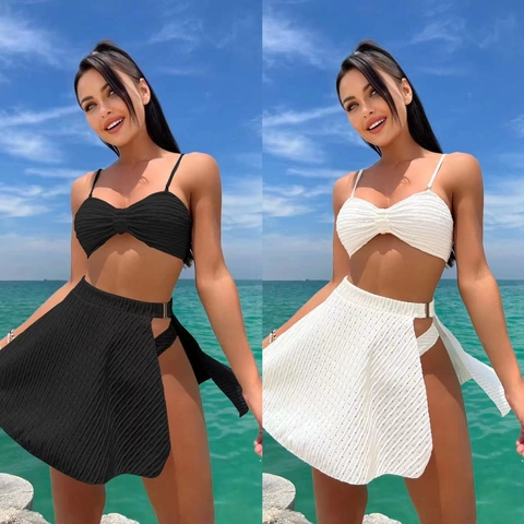 Top De Bikini Braguita Y Falda De Malla Traje De Baño Texturizado Color Sólido Sexy Playa Vacaciones Ropa De Verano