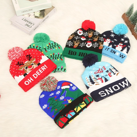LED Christmas Knitted Hat Light Up Glowing Colorful Xmas Beanie With Pom Pom For Adults Kids Holiday Party Decoration