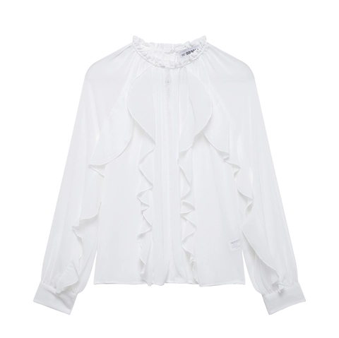 Women Ruffle Chiffon Blouse Elegant Stand Collar Long Sleeve Solid White Pullover Shirt Top