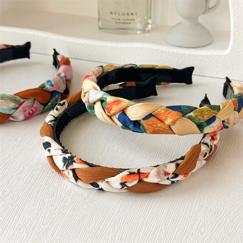 Französisches Retro Ölmalerei Blumen Geflochtenes Stirnband Rutschfestes Haarband Mit Zähnen Stoff Vintage Kopfschmuck Damen