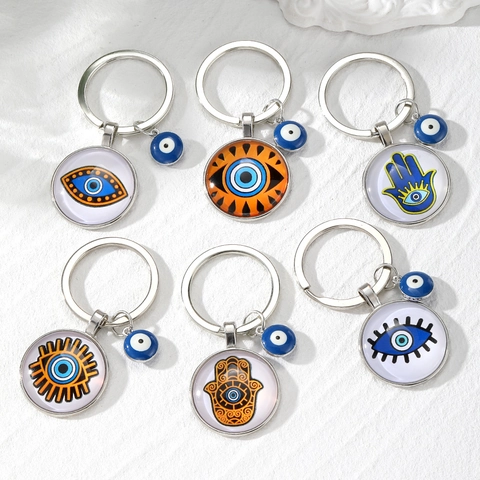 Evil Eye Hamsa Hand Schlüsselanhänger Metalllegierung Glas Runder Anhänger Vintage Glücksbringer Amulett Tasche Schmuck
