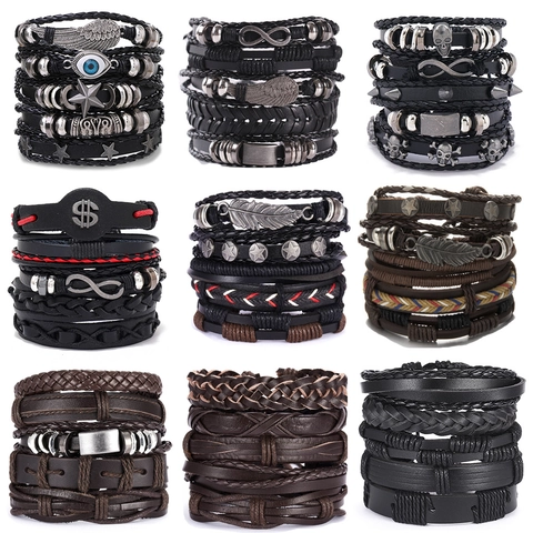 Handmade Multi-layer Leather Bracelet Punk Hip Hop Skull Infinity Charm Retro Wristband For Men Accessories