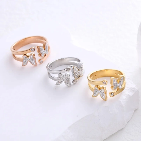 Butterfly Opening Ring 304 Stainless Steel Frosted Micro Pave Zircon Adjustable Double Layer Band Elegant Jewelry Women