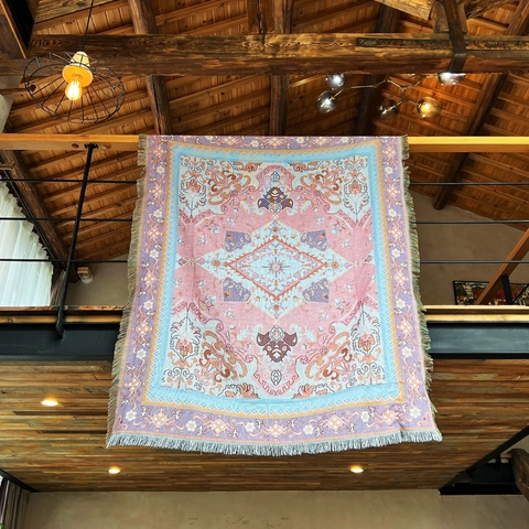Bohemian Woven Blanket Cotton Tassel Sofa Throw Multi-functional Ethnic Pattern For Camping Picnic Nap Pink Blue