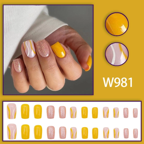 Unghie Finte Press On Arancione Giallo Rosa Glitter Strisce Ondulate Quadrate Manicure Lucida Per Donne