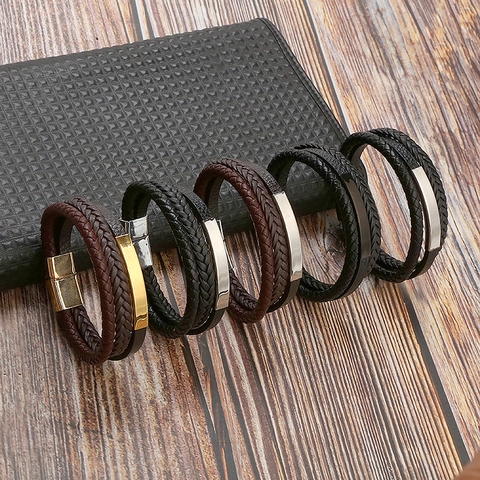 Men Multi-layer Braided Genuine Leather Bracelet With Stainless Steel Accent Alloy Magnetic Clasp Casual Bangle