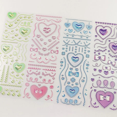 Artificial Pearl Chain Heart Bow 3D Relief Stickers DIY Scrapbooking Decoration Korean Style PVC Stationery Decals