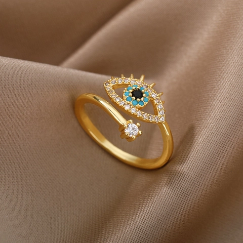 Anillos Abiertos Ajustables Evil Eye Cobre Zircón Corazón Hoja Estilo Bohemio Coreano Joyería De Moda Tendencia Regalo Mujer