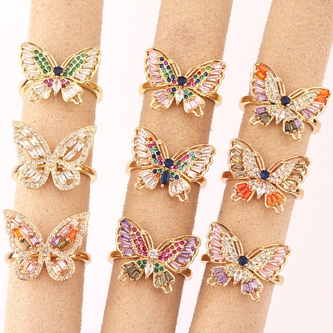 Anillo Farfalla Rame Placcato Oro 18K Zircone Colorato Micro Intarsio Apertura Regolabile Gioielli Di Moda Per Donna