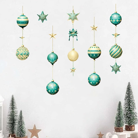 Christmas Ball Window Wall Stickers PVC Self Adhesive Decal For Holiday Home Party Window Decoration Teal Gold Star Snowflake Pattern