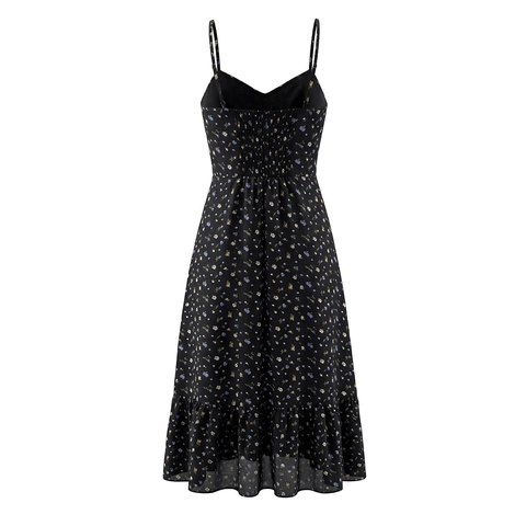 Robe Maxi Pour Femmes Imprimé Fleuri À Fines Bretelles Col En V Dos Froncé Ourlet À Volants Sans Manches