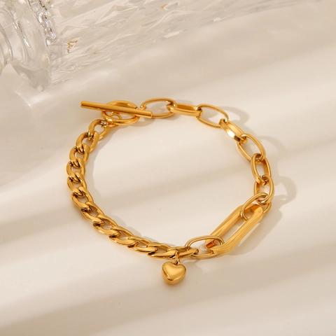 Stainless Steel Heart Pendant Bracelet For Women 18K Gold Plated Mixed Link Chain Cuban Paperclip Toggle Clasp Jewelry
