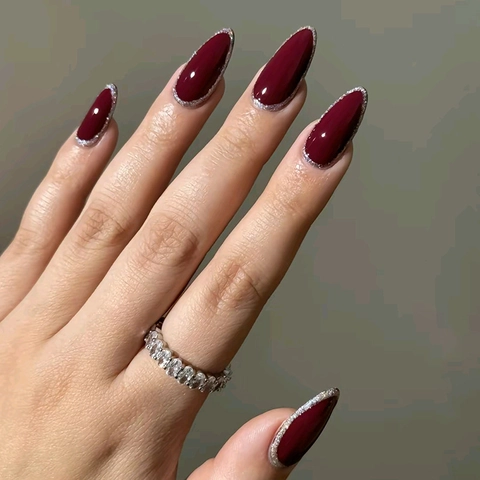 Burgundy Red Press On Nails With Silver Glitter Edge Almond Shape ABS Glossy Fake Nails Elegant Vintage Style For Women