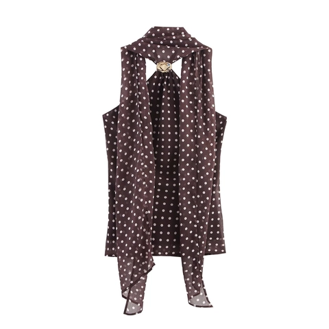 Polka Dot Halter Neck Sleeveless Chiffon Top Scarf Collar Gold Buckle Elegant Summer Blouse For Women