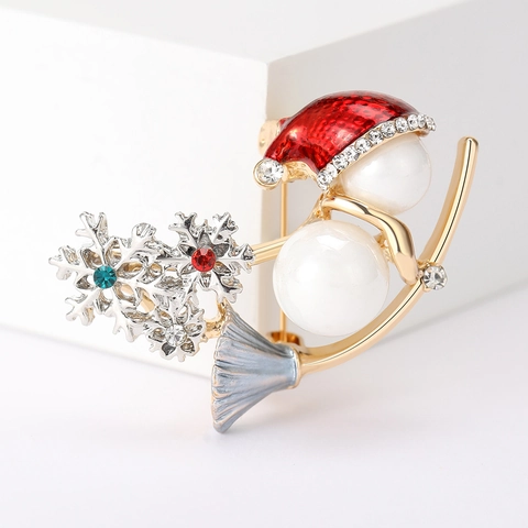 Broche De Muñeco De Nieve De Navidad Aleación Perla Artificial Rhinestone Esmalte Copo De Nieve Pin Para Regalo De Fiesta