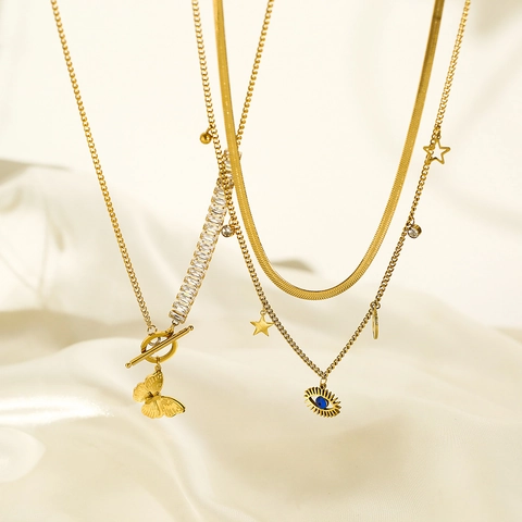 Titanium Steel Gold Plated Double Layer Evil Eye Star Butterfly Pendant Necklace With Baguette Zircon Toggle Clasp For Women