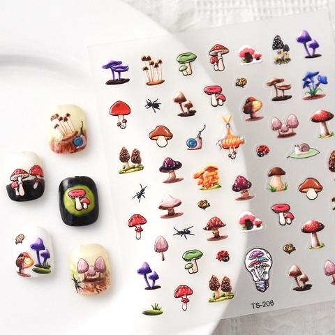 Mushroom Garden 5D Embossed Nail Art Stickers Snail Insect Pattern Self Adhesive DIY Manicure Decoration