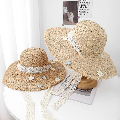 Summer Women Straw Hat Wide Brim Lace Ribbon Flower Decor Breathable Sunshade Beach Holiday Fringe Edge Sweet