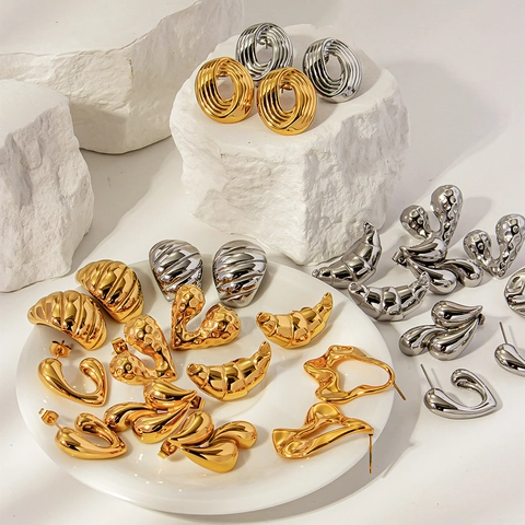 Orecchini Acciaio Inossidabile Placcato Oro 18K Vintage Croissant Cuore Martellato Cavo Goccia Gioielli Donna Minimal