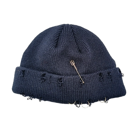 Distressed Knitted Beanie Hat With Metal Safety Pin And Rings Acrylic Punk Streetwear Warm Winter Headwear Unisex