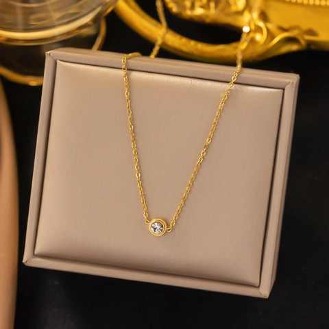 Minimalist Titanium Steel Gold Plated Necklace For Women Round Zirconia Solitaire Bezel Set Pendant Fashion Jewelry Gift