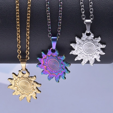 Bohemian Mandala Sun Pendant Necklace Stainless Steel Spiral Wave Ray Iridescent Gold Silver Plated Jewelry For Women