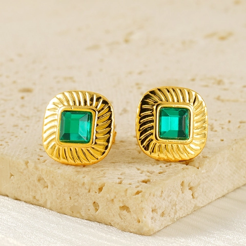 Vintage Square Stud Earrings 18K Gold Plated Stainless Steel Emerald Green Zircon Geometric Jewelry For Women