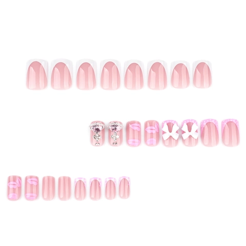 Pink Lip Print Press On Nails Short Square French Tip With 3D Bow Rhinestone False Nails For Women Sweet Style