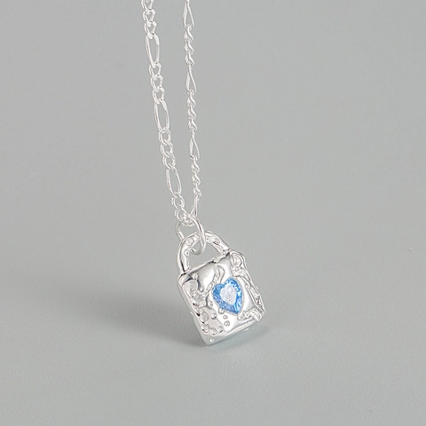 925 Sterlingsilber Blaues Herz Strass Schloss Anhänger Halskette Mode Einfach Süß Schlüsselbein Kette Damen Schmuck Geschenk
