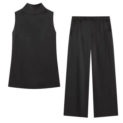 Top Senza Maniche In Raso Di Acetato Con Collo Alto E Fiocco E Pantaloni A Gamba Larga Elegante Nero Streetwear Moda