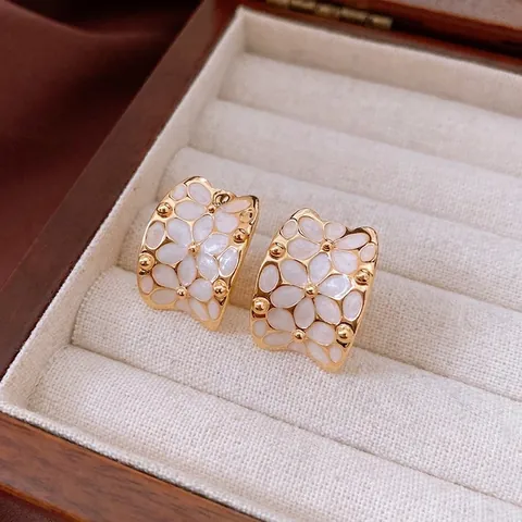 Pendientes De Aro Con Flores De Esmalte Vintage Joyería De Cobre Chapada En Oro De 18K Con Poste De Plata De Ley 925 Para Mujer
