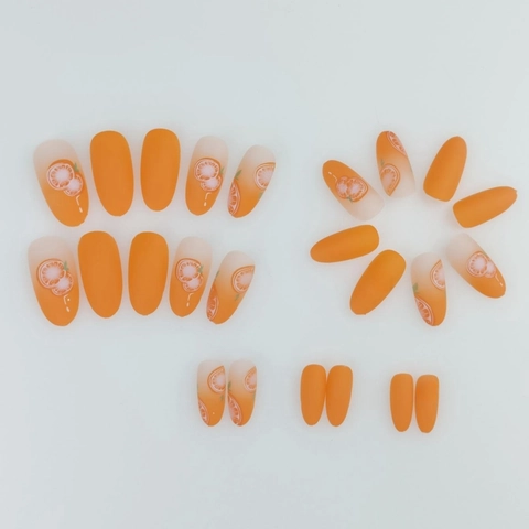Press On Nails Lange Amandel Oranje Gradiënt Mat Fruitpatroon Zomerstijl Kunstnagels Voor Vrouwen