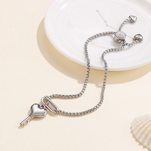 Pulsera Colgante Llave Corazón Acero Inoxidable Cadena Caja Ajustable Con Pasador Strass Joyas Minimalistas Para Mujer