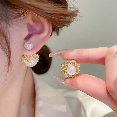 Elegant Crown Artificial Pearl Stud Earrings For Women Gold Plated Alloy Zircon Front Back With Silver Earring Post Vintage Style