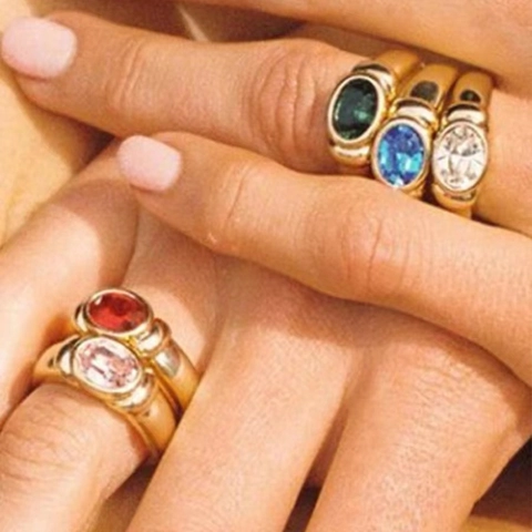 Vintage Oval Cubic Zirconia Ring Stainless Steel Wide Band Luxury Colorful Gemstone Jewelry For Women