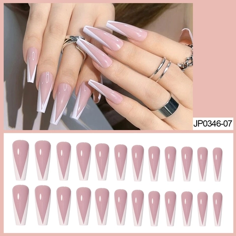 Unghie Finte Lunghe Coffin Press On Rosa Nude Lucido Punte A V Francesi Bianche Eleganti Per Manicure Fai Da Te