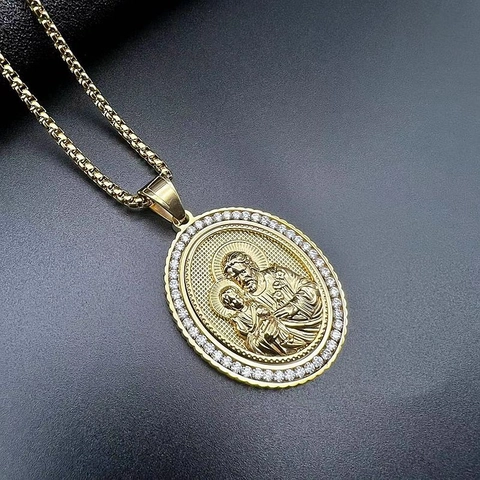 Hip Hop Religious Figure Pendant Necklace Gold Plated Stainless Steel With Cubic Zirconia Embossed Jewelry For Men
